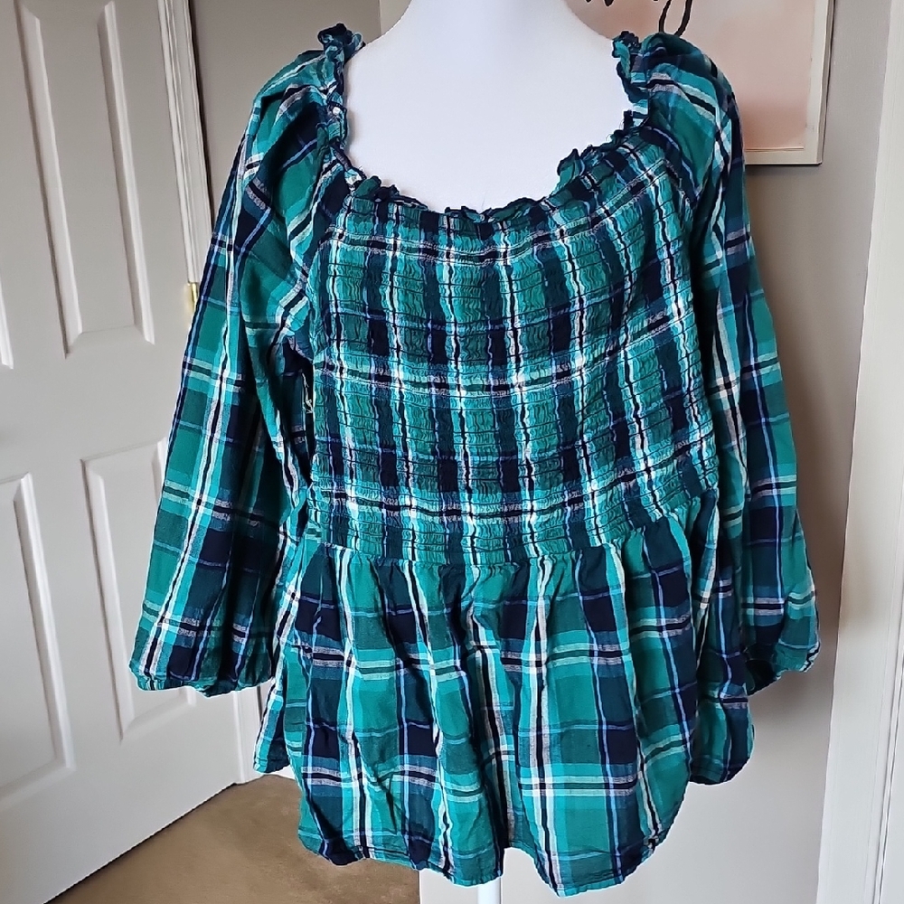 St. John's Bay Blue and Green Plaid Blouse Ruched Bust Are Front And Back .